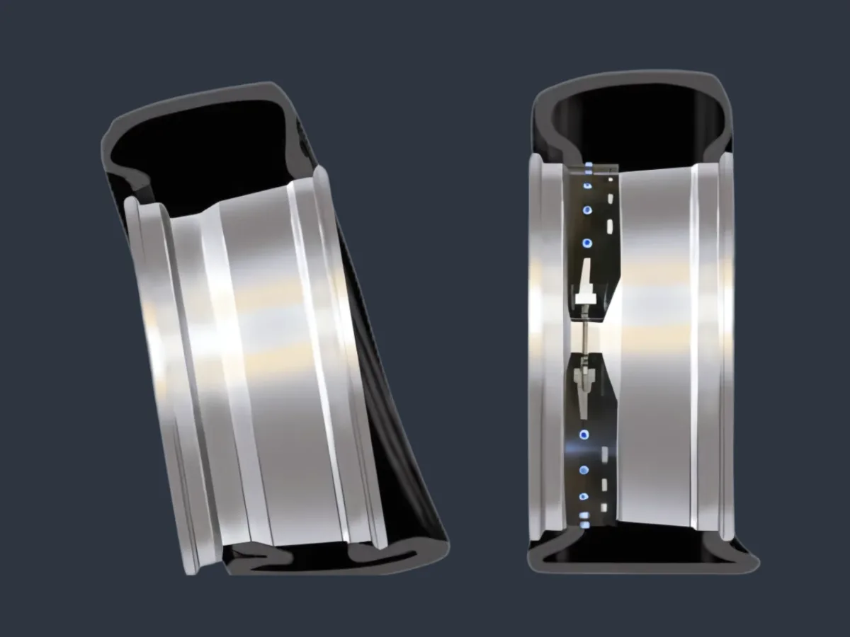 Cross-section of two rims. Left: no Tyron, the tyre has dropped into the open groove. Right: with Tyron, the Multiband fills the groove and the tyre stays seated.