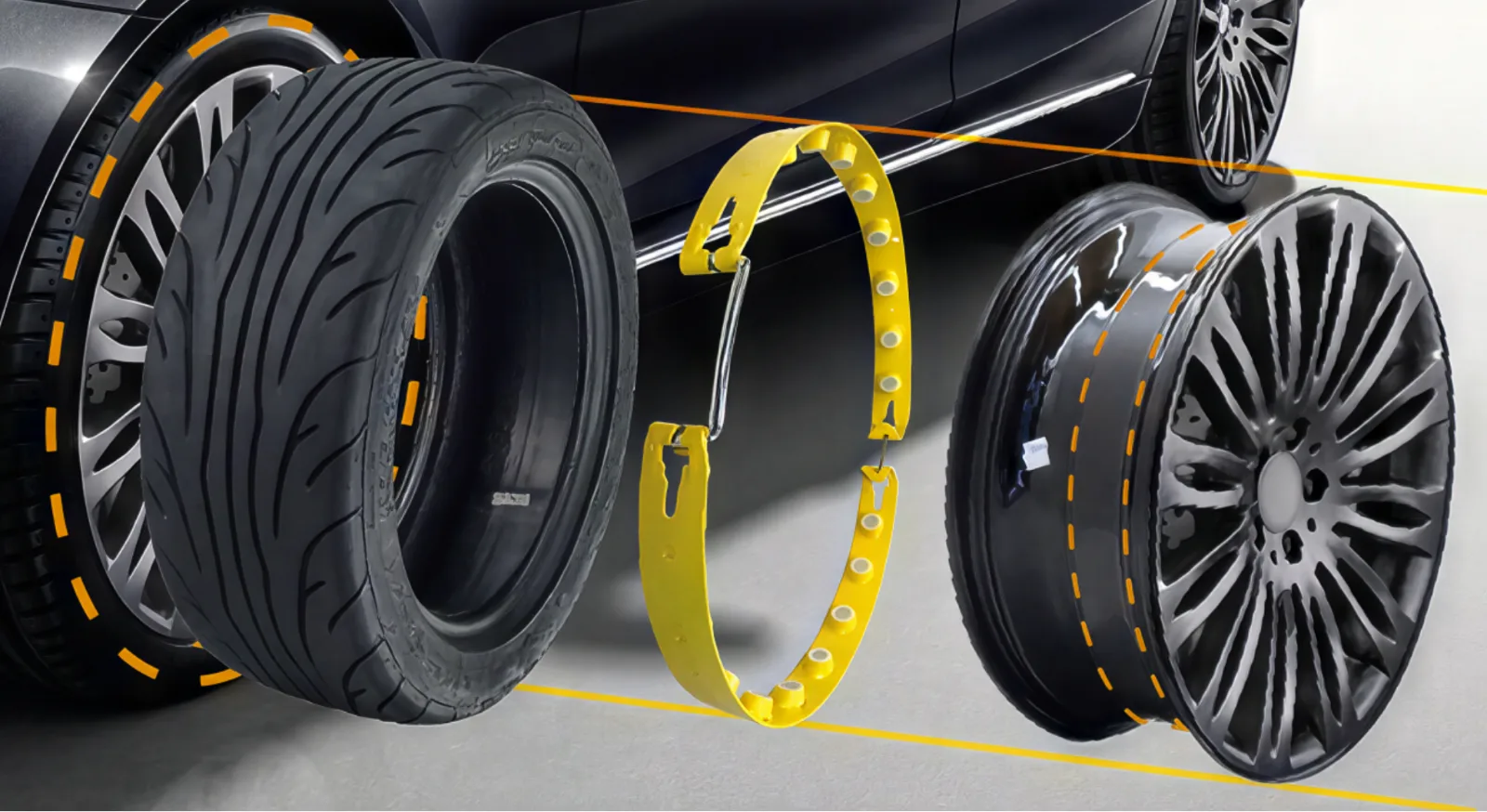 Exploded view: tyre, yellow Tyron Multiband and alloy wheel, showing where the band sits in the rim well