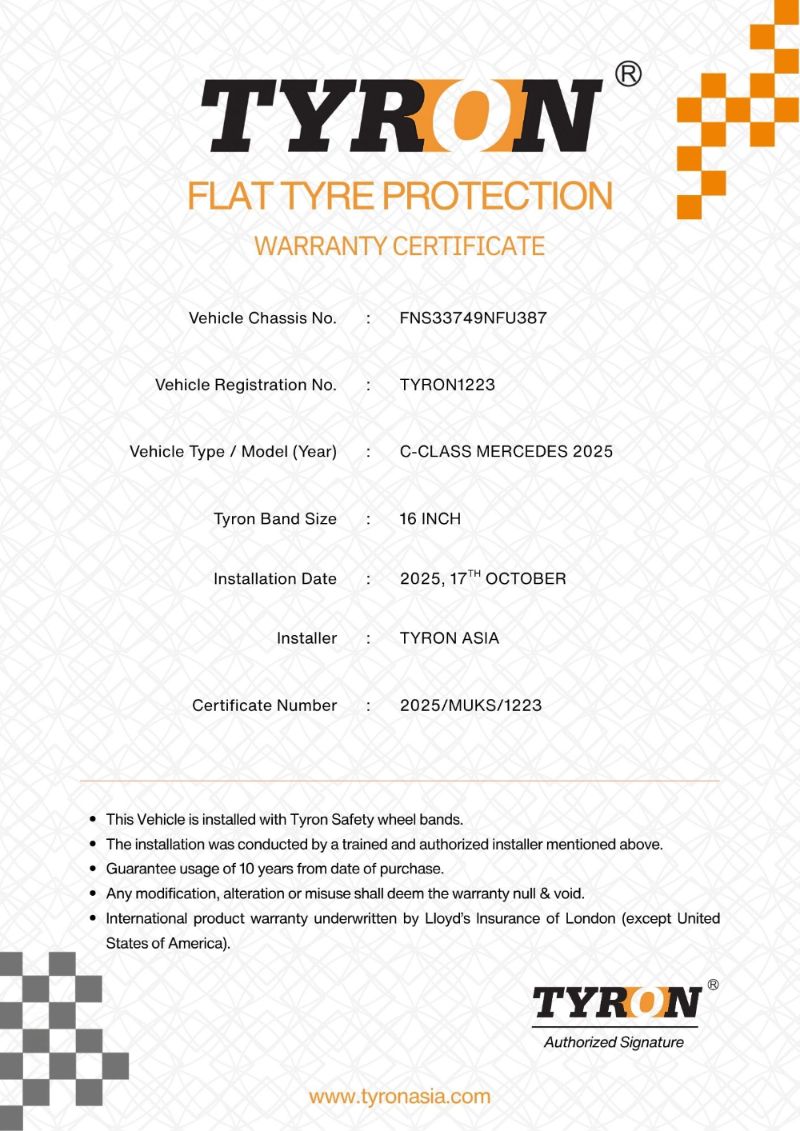 Tyron Flat Tyre Protection warranty certificate showing chassis number, registration, vehicle model, band size, installation date, installer and certificate number